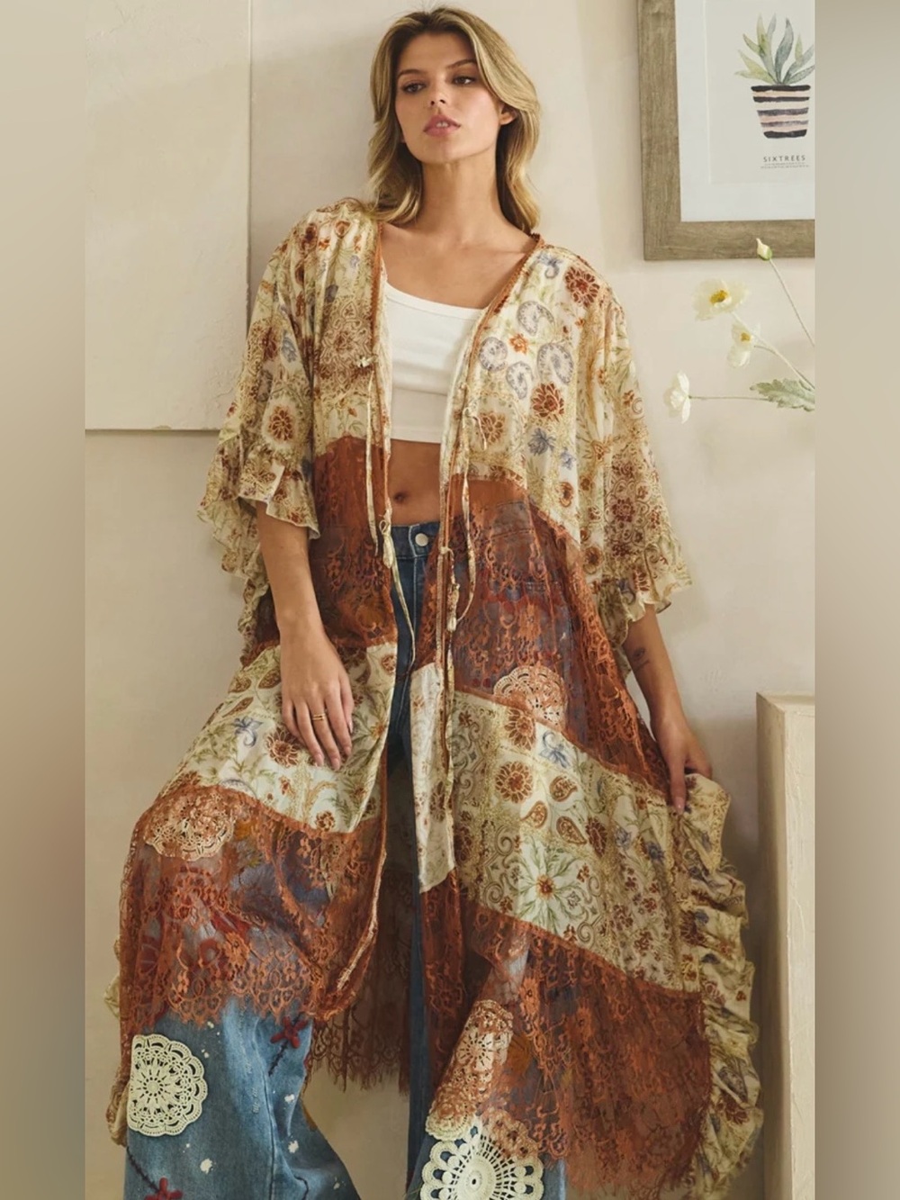 OF1- Boho Lace Patchwork Duster Kimono in Rust & Cream